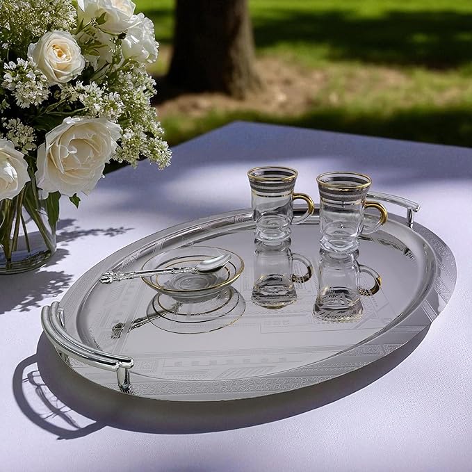 16.9 inch x 13.3 inch Oblong Chrome Plated Serving Tray with Handles Stylish Design Floral Engraved Edge Decorative Party Wedding Dessert Buffet Wine Platter Plate Gift Base NC-097