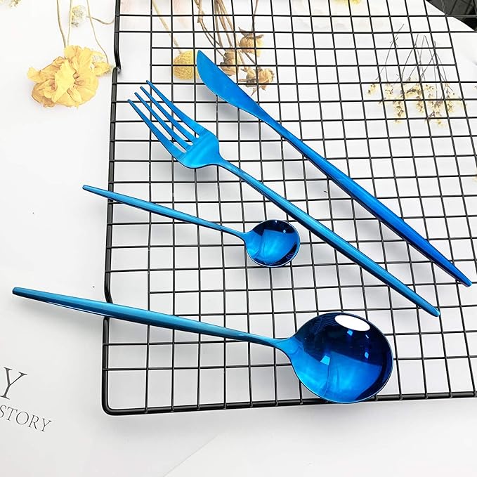 JASHII 24 Piece Titanium Plated Stainless Steel Flatware Set, 24 Piece Blue Silverware Set, Service for 6 (Shiny)
