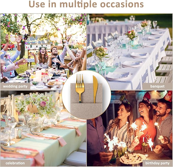 Cindeer 150 Pcs Wood Color Linen Dinner Feel napkins with Built in Flatware Pocket Prefolded Paper Disposable Airlaid Guest Hand Towel for Silverware Wedding Reception Christmas Baby Shower
