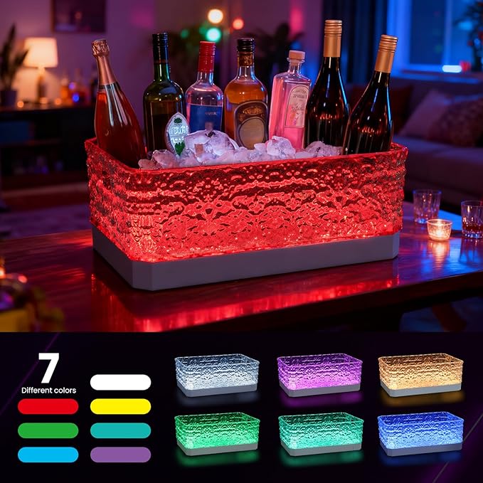 LED Light Up Plastic ice buckets for parties 15L large Clear beverage tub 7-color LED light ice buckets For Champagne Beer Cocktails Family Gathering Bar Nightclub Essential (Ice Texture)