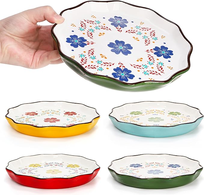 4 Pack Ceramic Dessert Plates, 7.5 Inch Small Floral Dinner Appetizer Plate, Lunch Salad Serving Dishes, Vintage Flat Pasta Bowl for Steak Fruit Pizza, Dishwasher & Microwave Safe