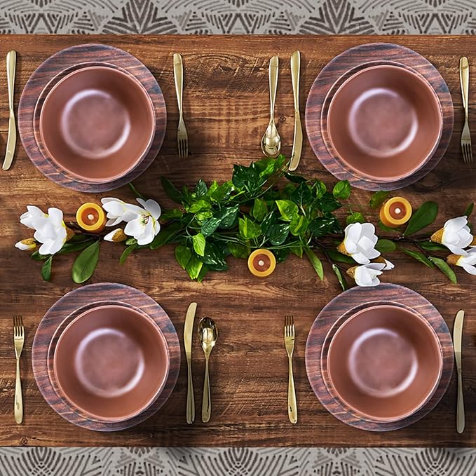 TP 12-Piece Dinnerware Set, Melamine Dishes Set with Bowls and Plates, Non-breakable and Lightweight Dinner Service for 4, Wood Grain