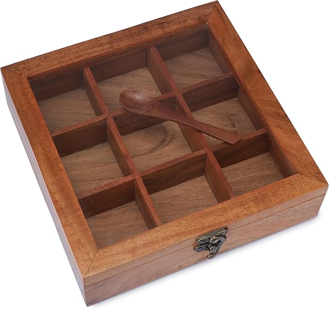 Ajuny Wooden Spice Box 8x8 Inch - Decorative Masala Dabba Organizer with Glass Lid, 9 Fixed Compartments & Spoon, Spice Storage Container, Ideal for Seasonings & Herbs, Perfect for Gift