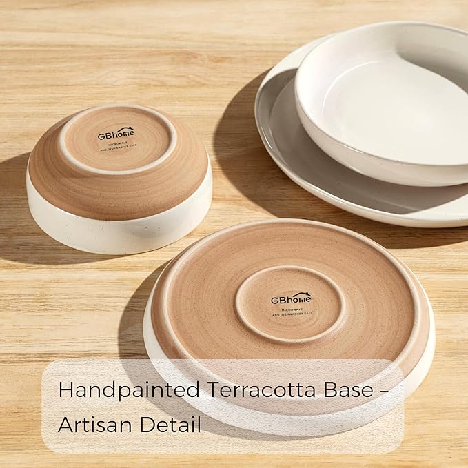 GBHOME 24-Piece Ceramic Dinnerware Set for 6, Handpainted Plates, Pasta Bowls & Bowls Set with Rustic Terracotta Underside, Scratch-Resistant, Dishwasher & Microwave Safe,Speckled Glaze Beige