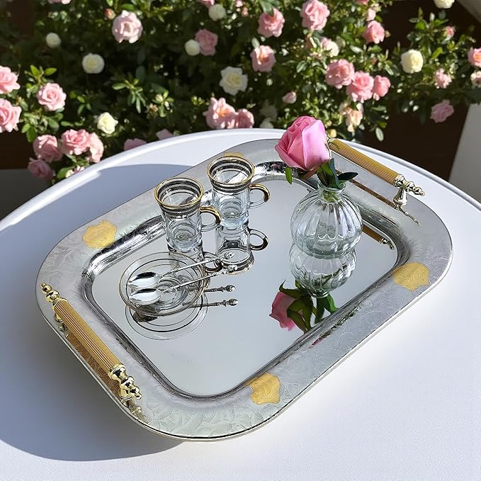18 inch x 14.1 inch Oblong Chrome Plated Serving Tray with Handles Iron Gold Floral Engraved Decorative Party Wedding Dessert Buffet Wine Decor Platter Plate Base NC-126