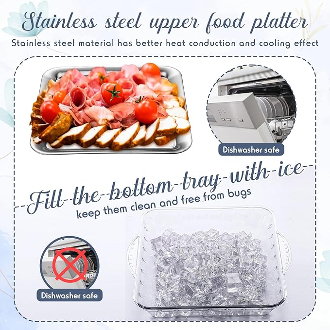 Baderke 9" Chilled Serving Tray for Christmas Parties Ice Chilled Party Platter Charcuterie Serving Board Cold Dish Dip with Forks Tongs for Fruit Seafood Vegetable Appetizer(Silver,4 Set)