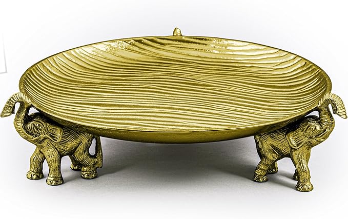 Round Decorative Tray with Elephant Stands, Antique Gold – Tray for Coffee Table, Home Decor, Centerpiece, Serving Platter & More – Circular Tray with Symbolic Elephants