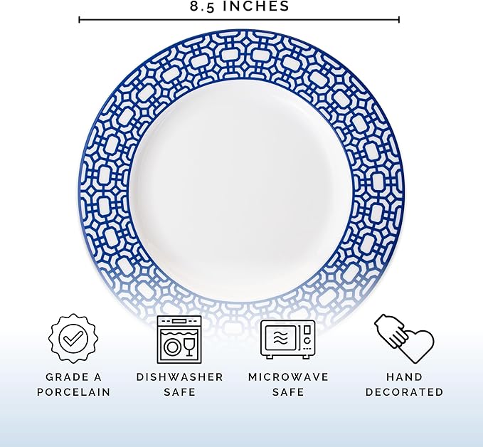 Caskata Newport Garden Gate Salad Plates Set of 4 | High-Design Lead-Free Porcelain Dinnerware Plate Set | Blue Dinnerware Set for Entertaining Everyday Thanksgiving, Wedding or Birthday Gifts | 8.5"