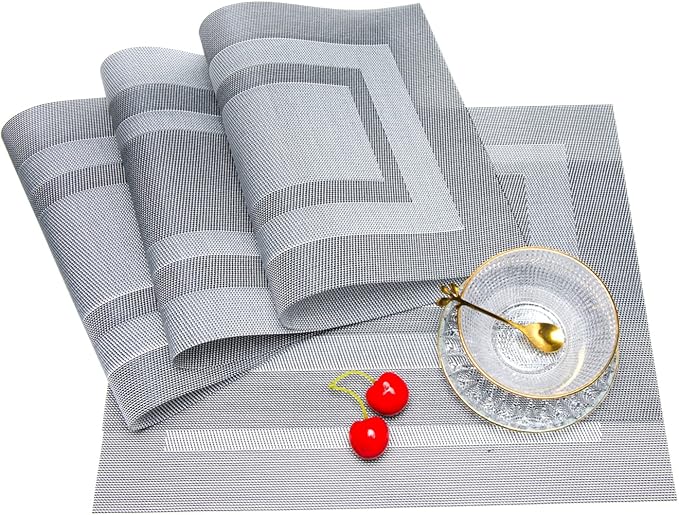 Placemats,PlasticVinyl Washable Heat-Resistant Durable PVC Non-Slip Woven for Kitchen Dining Table Mats (Set of 6, Grey)
