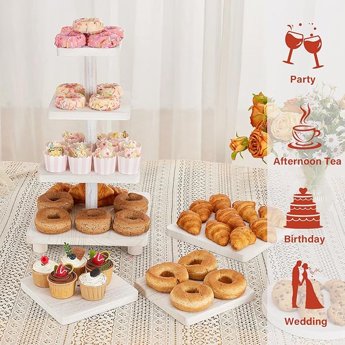 Weselljars Wooden Cupcake Stand Holder：4-Tierd 20in White Square Cake Stand,Rustic Dessert Table Display,Easy to Assemble and with Instruction,Great for Wedding/Party/Birthday/Home Decor