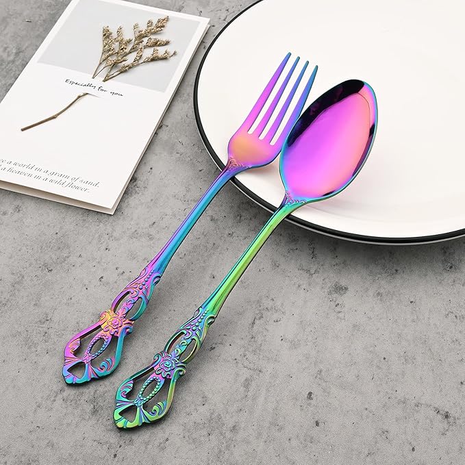 8-Piece Luxury Royal Silverware Set, 18/10 Stainless Steel Rainbow Flatware Set Service for 2, Tableware Cutlery Set Include Forks Spoons Knives, Modern Design & Mirror Polished Dishwasher Safe