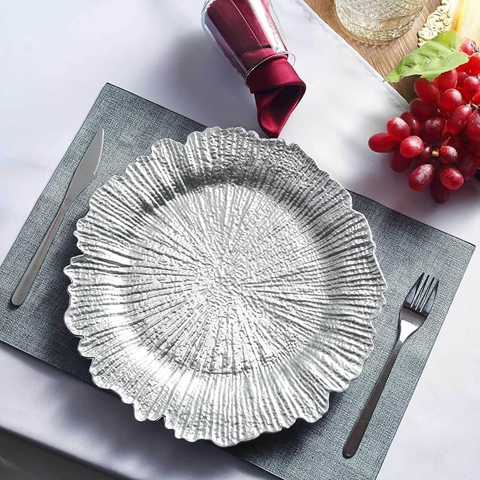 13" Charger Plates - Set of 24 - Acrylic Silver Round Reef Disposable Chargers, Ideal for Dinner Party Wedding Holiday Bulk Events
