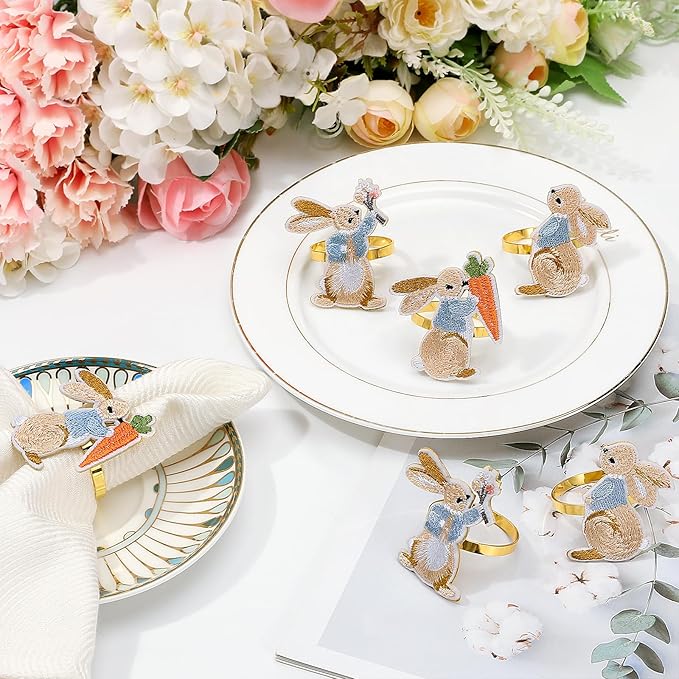 Lewondr Easter Bunny Napkin Rings, Napkin Rings Set of 6, Easter Table Decoration, Designed with Rabbit Elements for Festival, Birthday, Wedding Party, Banquet, Serviette for Spring, Thanksgiving Day