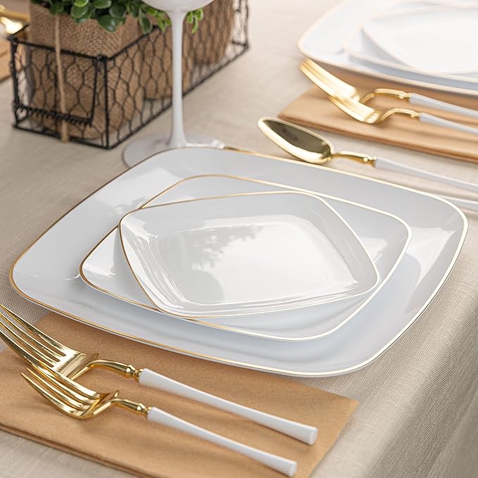 PLASTICPRO Square 64 Piece Combo Plates Set includes 32 x 7'' inch Plates & 32 x 10'' inch Dinner Plates White Plastic Gold Rim Design Party Plates, Premium heavyweight Elegant, Dishes,