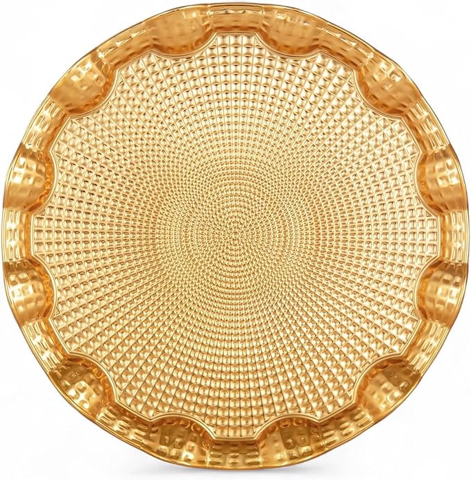 Alisveristime Round Metal Serving Tray for Two – Ottoman Motif, (9.8" Diameter, 10.2 oz) (Gold)