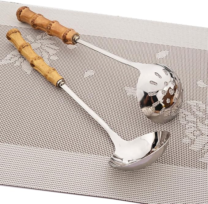 Gugrida Flatware Silverware Serving Set Silver Stainless Steel Hostess Serving Utensil Set with Bamboo Handle Dishwasher Safe, 2 Soup Spoon 2 Slotted Spoon