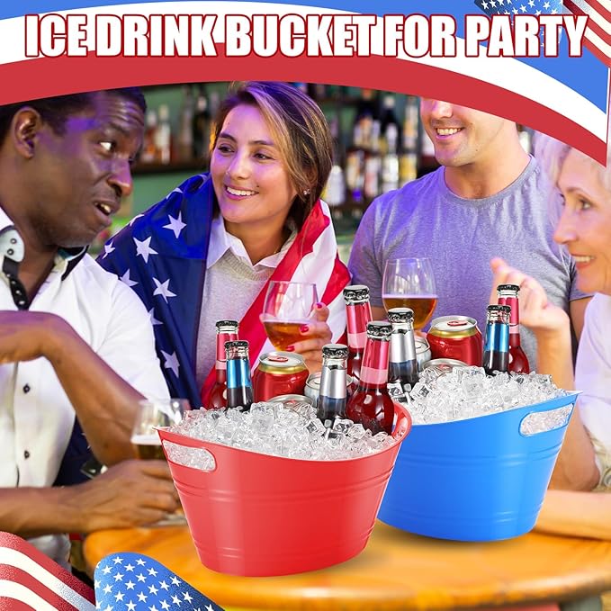 Norme 24 Pcs Oval Storage Tub with Handles 4.5L Plastic Ice Bucket, Wine, Beer, Champagne Drink Cooler for Parties, Beverage Storage Basket(Blue & Red)