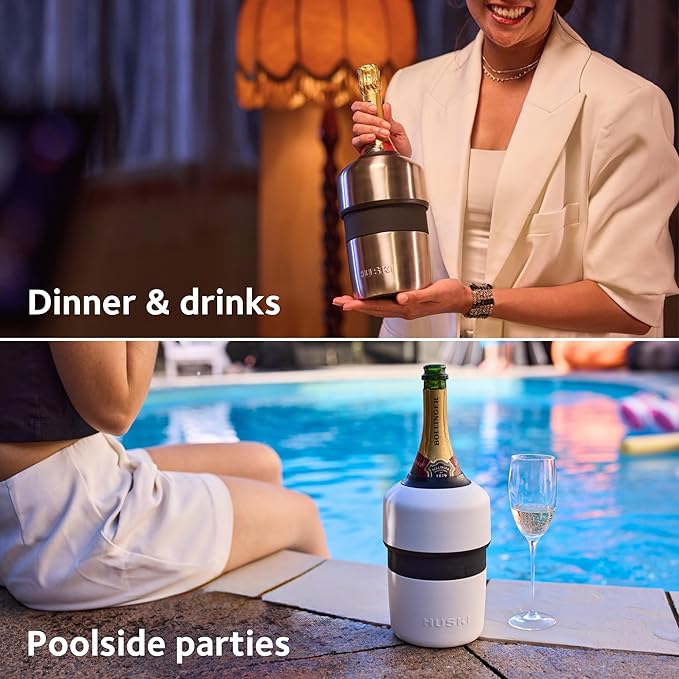 Huski Champagne Chiller | NEW | Award-Winning Iceless Design with Detachable Bottle Stopper | Keeps Wine Cold up to 6 Hours | Fits most 750ml Champagne, Prosecco & Sparkling Wine Bottles (Powder Pink)