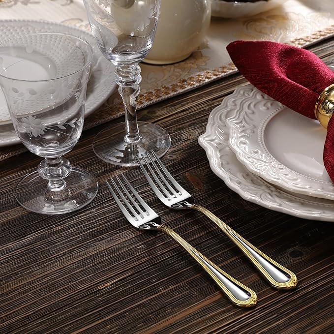 KEAWELL Pearl Edge 4-Piece Premium Fork Set, 18/10 Stainless Steel, Fine Silverware Forks with Mirror Finish and Exquisite Craftsmanship, Gold Accent, Dishwasher Safe (4, 8" Dinner Forks)