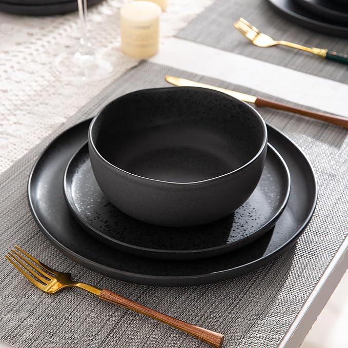 AmorArc Ceramic Dinnerware Sets, Wavy Rim Stoneware Plates and Bowls Sets, Highly Chip and Crack Resistant | Dishwasher & Microwave & Oven Safe Dishes set, Service for 6 (18pc)-Speckled Black
