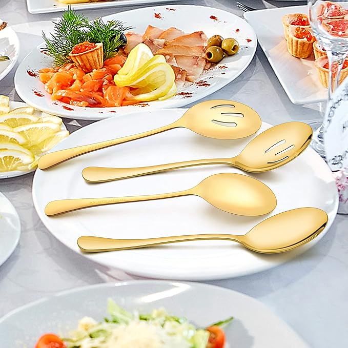 LIANYU 9-Piece Large Gold Serving Utensils Set, 9.8 Inch Stainless Steel Buffet Banquet Catering Serving Spoons Tongs Set, Dishwasher Safe