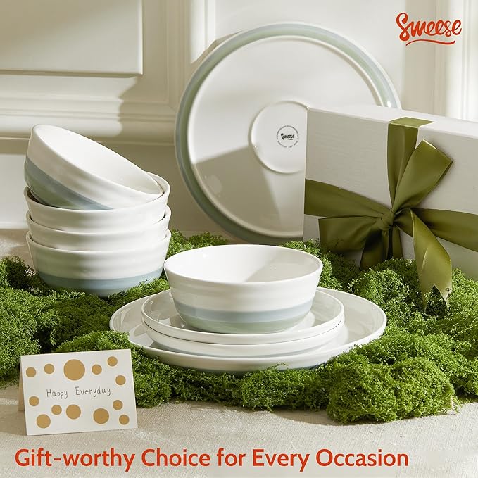 Sweese Plates and Bowls Sets,18 Pieces Modern Porcelain Dinnerware Set for 6 Handcrafted Uniqe Dinner Set Ceramic Dishware Dishes Microwave and Dishwasher Safe, Blue & Green