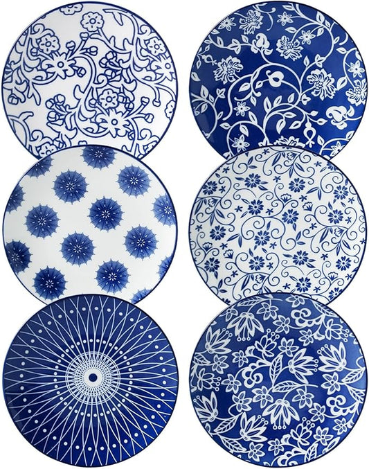 Ceramic Dessert Plates Set - 6 Inch Mini Appetizer Plates for Kitchen - Small Salad Plate for Snacks Side Dish Cake, Gift, Microwave Dishwasher Safe, Vintage Blue