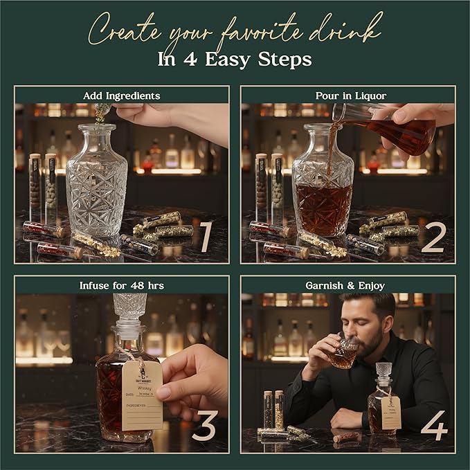 Alcohol Infusion Kit for Whiskey, Tequila, Rum, Gin & Vodka - Including User Manual - Alcohol Gifts for Men - Whiskey Gifts For Men - Drink Making Kit and Cocktail Infusion Set - DIY Whisky Making Set