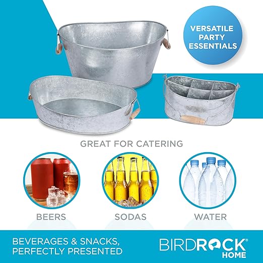 BIRDROCK HOME Galvanized Beverage Tub, Caddy and Tray Set - 3 Piece - Party Tray Platter Drink Holder - Silverware Caddy - Wooden Handles