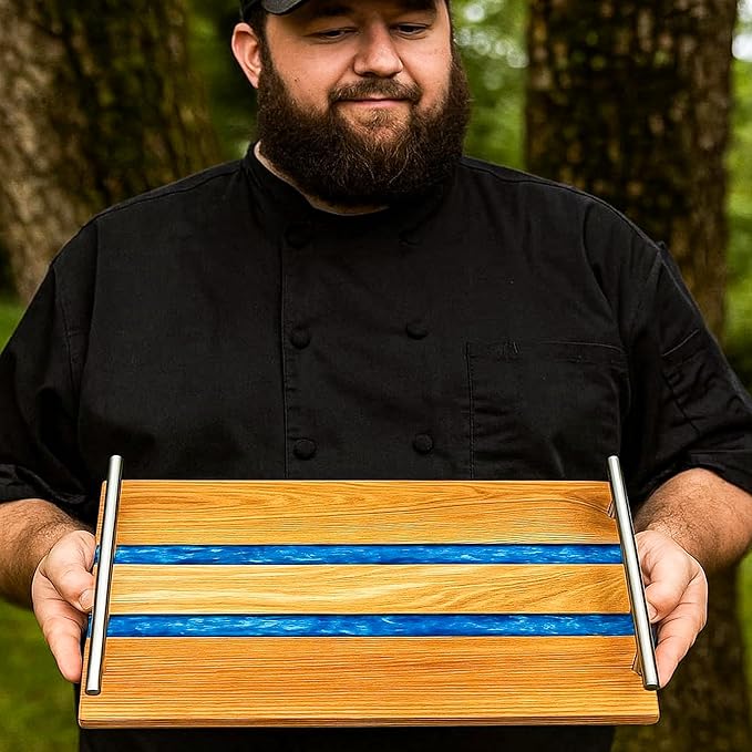 Oak Wood Epoxy Resin Serving Tray with Silver Handal and dubal Epoxy Looks for Food Breakfast in Bed Coffee Table Decor Serving Tray