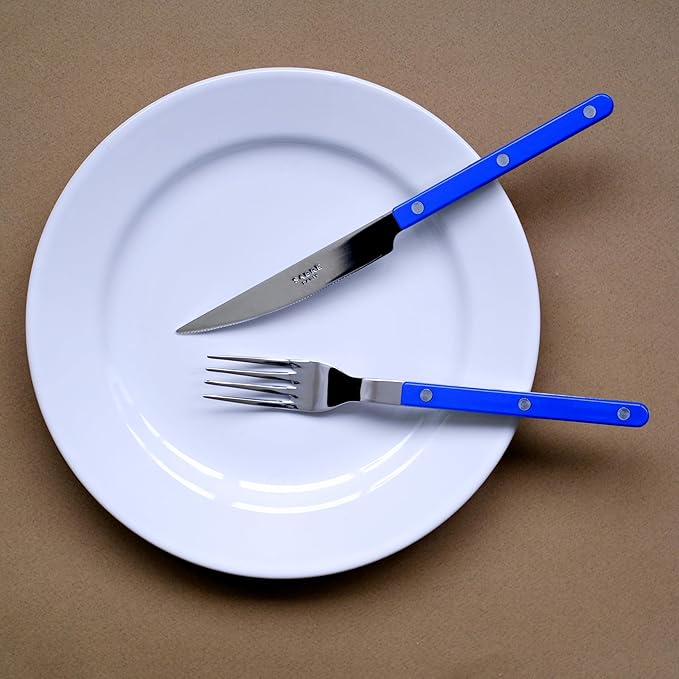 SABRE PARIS - 5-Piece Flatware Set - Bistrot Collection - Knife, Fork, Soup Spoon, Teaspoon & Dessert Fork - Stainless Steel & Nylon - Dishwasher Safe - Lapis Blue - Brilliant Finish