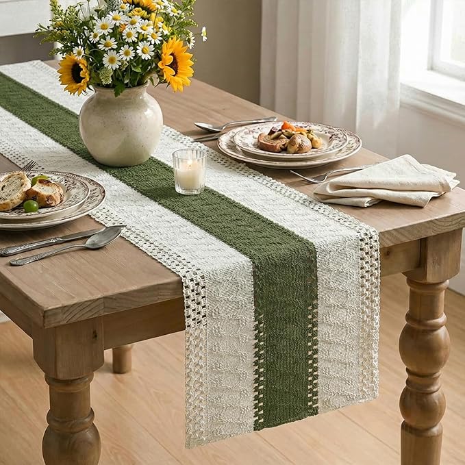 Artoid Mode Army Green Farmhouse Rustic Table Runner, Seasonal Holiday Hollow Kitchen Dining Table Decoration for Home Party Decor 12x48 Inch