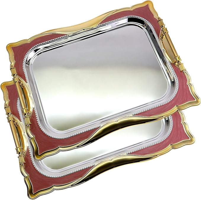 (Pack of 2) 20.1 inch x 15.4 inch Rectangular Floral Shape Decorative Style Chrome Plated Silver Serving Tray with Handles Floral Engraved Iron Gold Red Edge Party Platter TTL-024