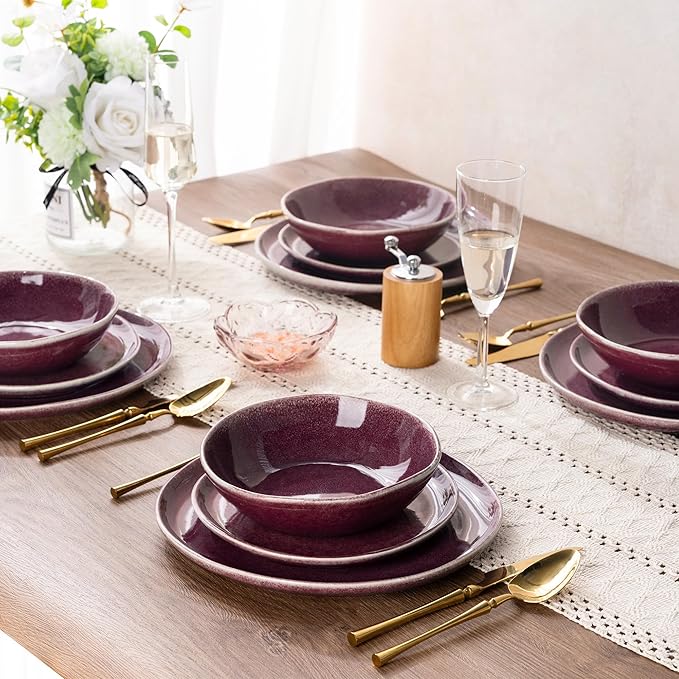 AmorArc Ceramic Dinnerware Sets,Handmade Reactive Glaze Stoneware Plates and Bowls Sets,Highly Chip and Crack Resistant | Dishwasher & Microwave Safe Dishes Set,Service for 4 (12pc)