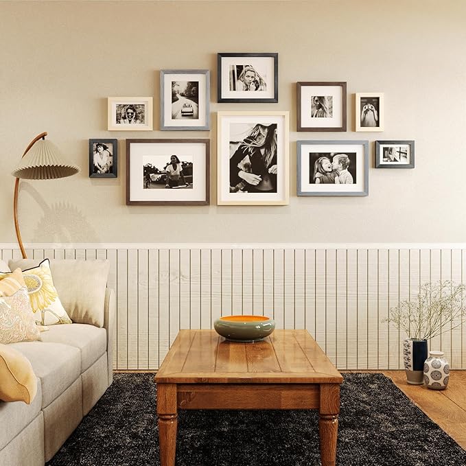 Egofine 4x6 Picture Frame Set of 4, Made of Solid Wood Multicolor Photo Frames Covered by Plexiglass 3x4.5 and 3.5x5 with Mat or 4x6 without Mat, for Table Top Display and Wall Mounting