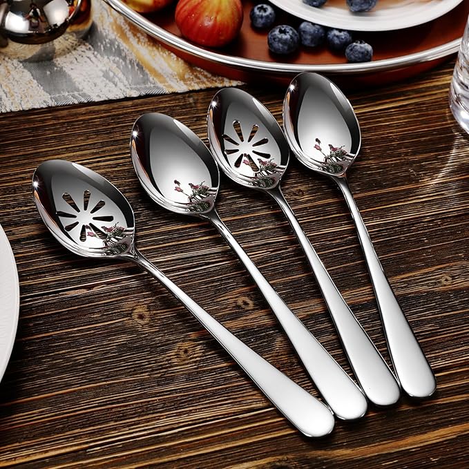 KEAWELL Louise Premium 2 Piece Serving Spoons and 2 Piece Serving Slotted Spoons – 9 inches – 18/10 Stainless Steel - Uniting Elegance and Durability - Exquisite Serving Utensils for Parties