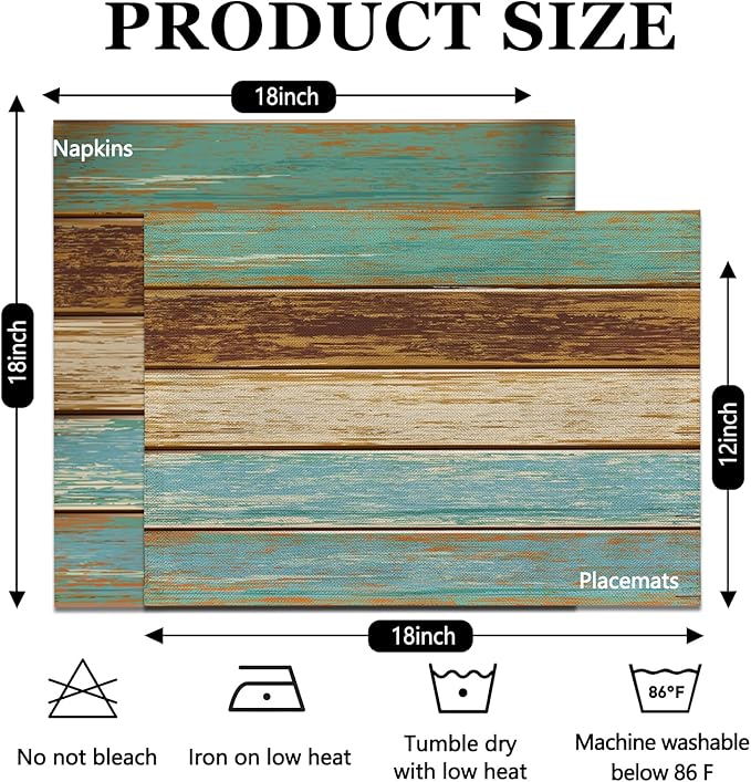 Mcalk 4 Each Farmhouse Teal Placemats and Cloth Napkins Set of 8, Modern Art Placemat, Rustic Country Cloth Napkin for Home Kitchen Decor (Placemats 18 "x12 Napkins 18 "x18)
