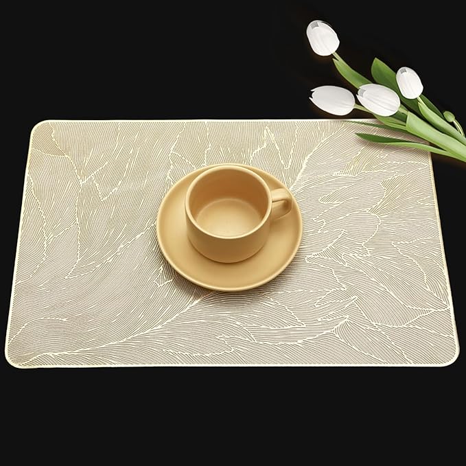 FAVE 6PCS Placemats Gold Placemats Vinyl Placemats Set of 6 Golden Table Mats Reusable Metallic Shiny Gold Place mats for Wedding, Banquet, Birthday, Party, Restaurant （15 x15,Rectangular Feather）