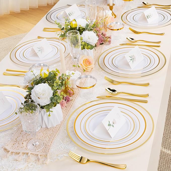 BESTSTAR 12 Inch Disposable Decor Charger Plates, 25 Pack Plastic Clear Plates with Gold Rim, Perfect Table Decor for Party, Wedding, Dinner