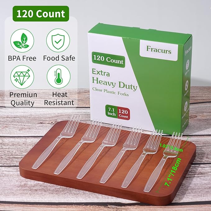 120 Count Clear Plastic Forks Heavy Duty, 7.1" Premium Disposable Forks Bulk, Heat Resistant & BPA-Free, Solid and Sturdy Plastic Cutlery for Parties, Catering, Events and Everyday Use