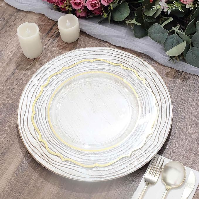 Efavormart 6 Pack | 13" White Washed Rose Embossed Faux Wood Plastic Charger Trays, Round Disposable Serving Plates