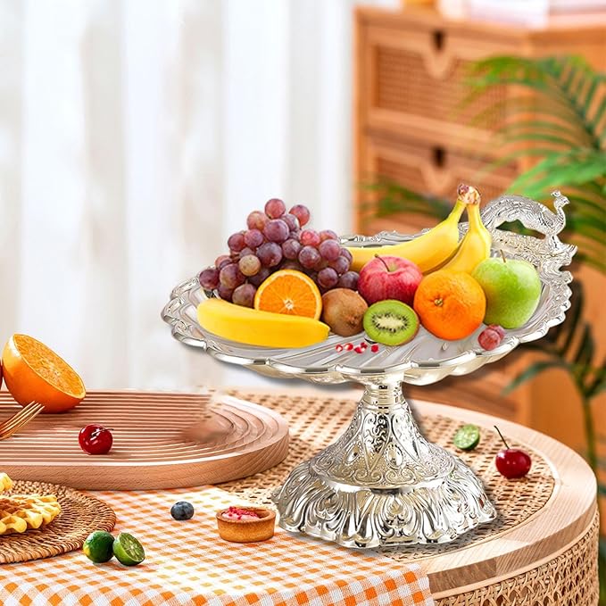 Fruit Plate Vegetable Holder with Base Decor Container Stand for Kitchen Counter Home Bread Snacks Serving Tray- Silver