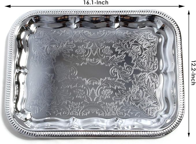 (Pack of 4 16.1-Inch x 12.2-Inch Oblong Rectangular Trim Victoria Floral Engraved Catering Chrome Plated Serving Plate Mirror Food Candle Deco Art Tray Platter Party(Medium) T227-4pk