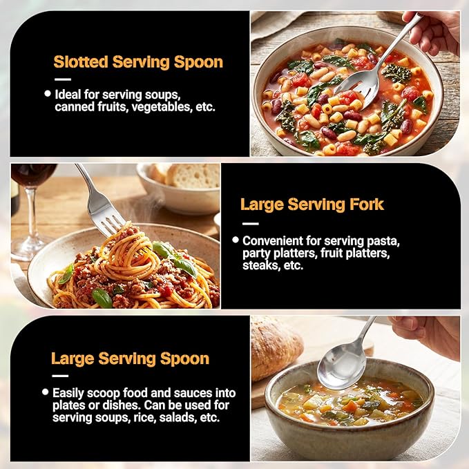 12 PCS Serving Utensils Set for Party Premium Stainless Steel Serving Utensils Large Servings Spoons, Forks, Tongs, Pie Server, for Buffet, Catering, Entertaining, Silver