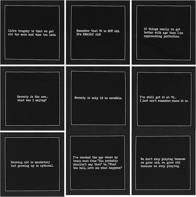 Five Star Funny 70th Birthday Quotes | Black Cotton Cocktail Napkins | 50 Luxury Disposable Beverage Napkins with Witty Bar Quotes | Drink Napkins for Parties, Bars, Weddings & Game Nights