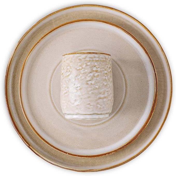 Stone by Mercer Project SHOSAI 16-Piece Stoneware Dinnerware Set, Plates and Bowls Set, Modern Dishware set fo 4, Sand