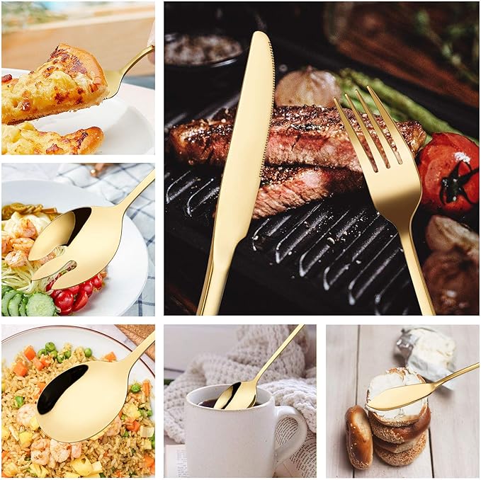 Gold Silverware Flatware Set, HF HOFTEN 45-Piece Stainless Steel Durable Cutlery Serving Set, Service for 8, Modern Elegant Design for Home/Hotel/Restaurant, Mirror Polished & Dishwasher Safe