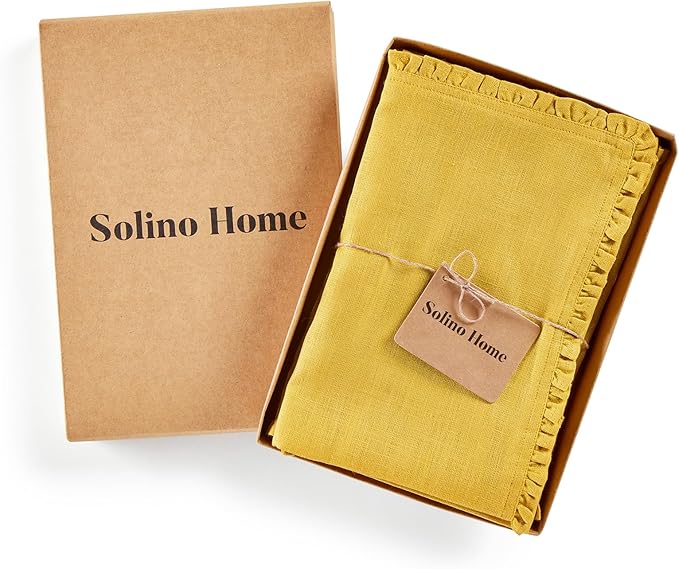 Solino Home Mustard Yellow Linen Dinner Napkins 20 x 20 Inch - 100% Pure Linen Juliette Ruffle Cloth Napkins Set of 4 - Handcrafted and Machine Washable