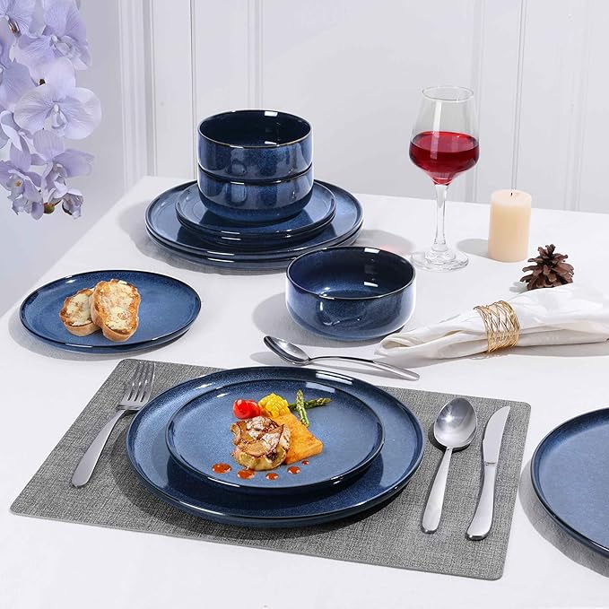 Herogo Dinnerware Sets with Pasta Bowls for 4, 16 Piece Dinner Salad Plates and Cereal Serving Bowls, Stoneware Dishes Dinner Ware for Home Kitchen, Dishwasher & Microwave Safe, Starry Blue