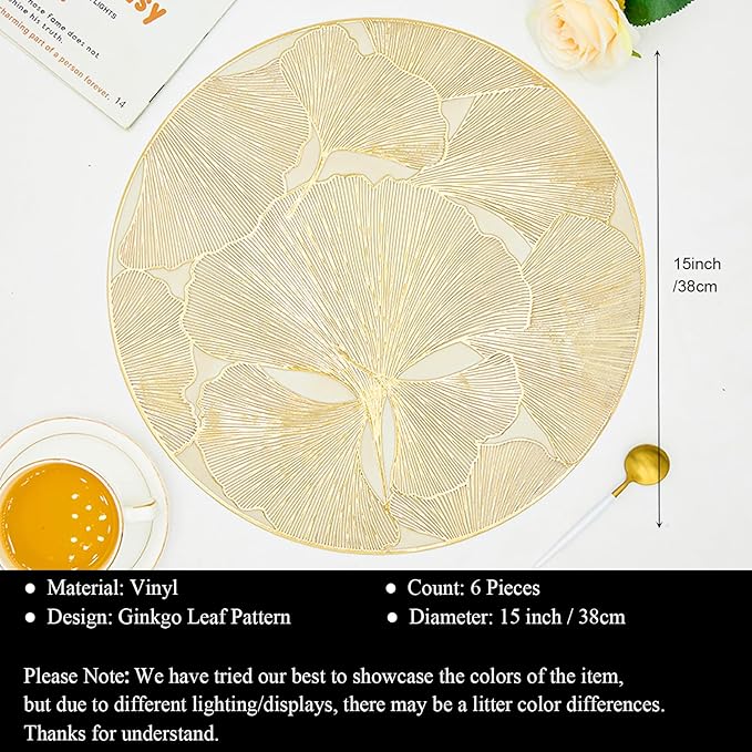 Gold Round Placemats Set of 6 Metallic Pressed Vinyl Place Mats for Dining Table Centerpiece Decor Ginkgo Leaf Table Mats Non Slip Heat Resistant 15 Inch